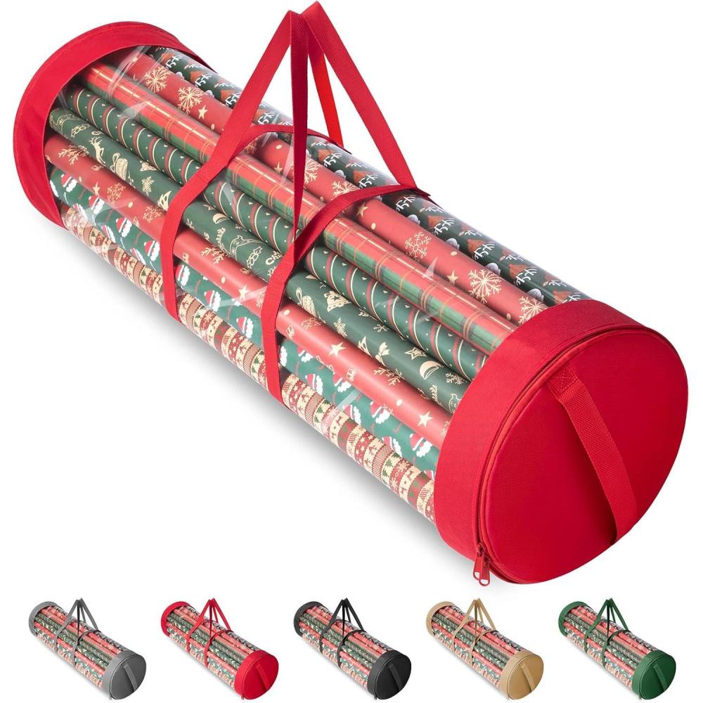 imageBALEINE Christmas Wrapping Paper Organizer Storage 41quot Gift Wrapping Paper Storage Containers Clear PVC with Durable 600D Oxford Fabric Gift Wrap Paper Holder Fits 1825 Rolls BlackRed