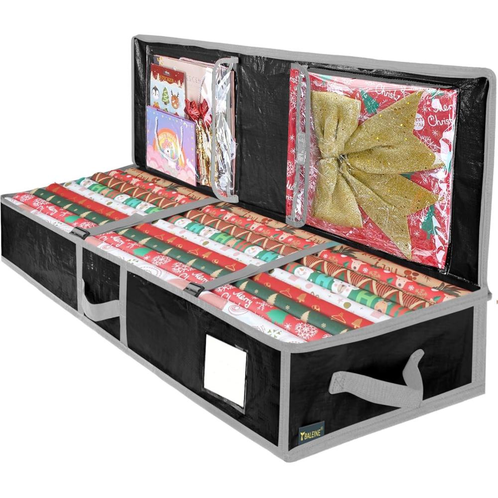 imageBALEINE SOFT Christmas Wrapping Paper Storage Bag 40quot Durable PE Gift Wrap Storage Bag with Flexible Partitions and Pockets for Ribbon Accessories TransparentBlack