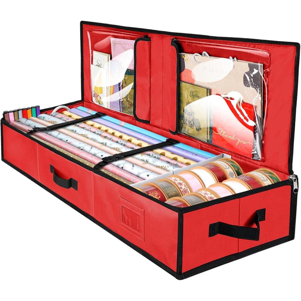 imageBALEINE Wrapping Paper Storage Organizer 40quot Durable 600D Oxford Fabric Gift Wrap Storage Bag with Flexible Partitions for Ribbon Holiday Accessories GreenRed