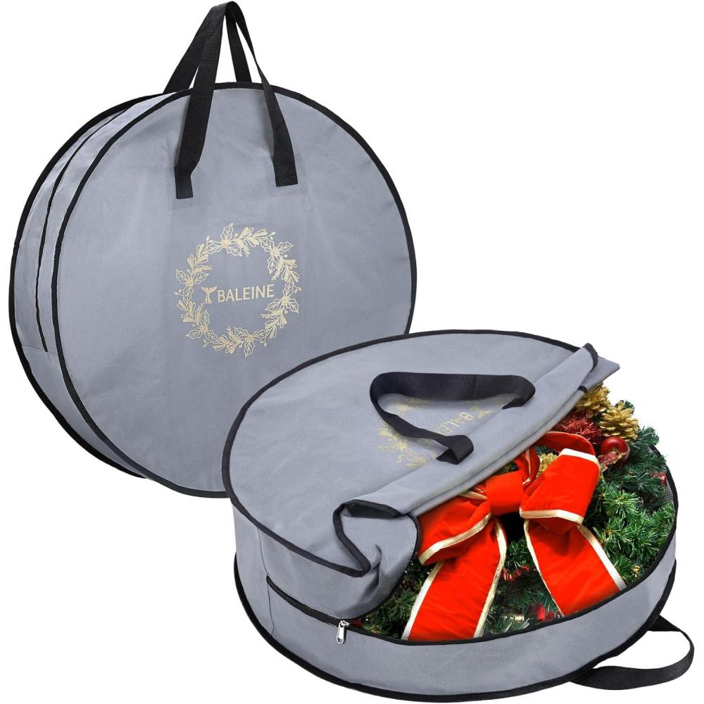 imageBALEINE 2 Pack Wreath Storage Container Christmas Wreath Storage Bag with Reinforced Handle for Holiday Xmas Grey 36quotX8quotGray