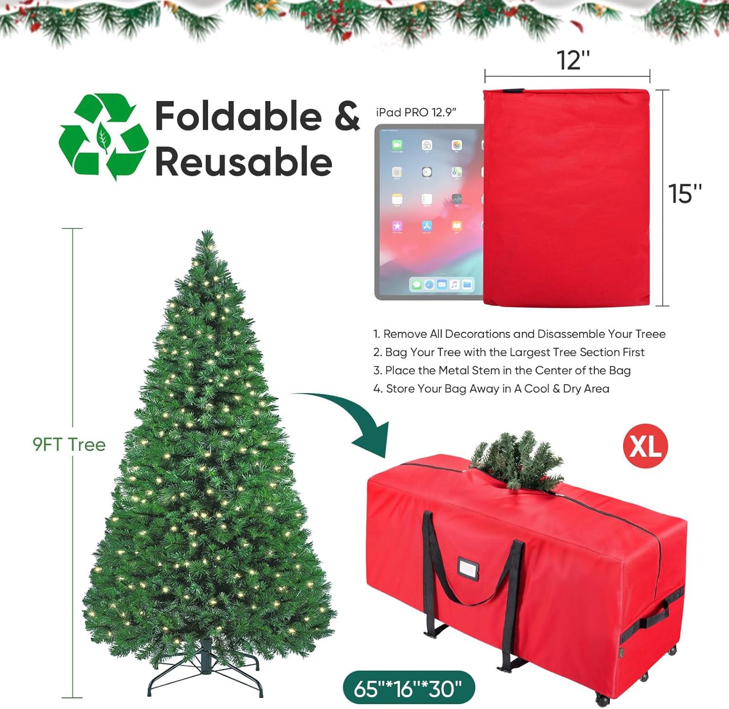 imageBALEINE 75 ft Rolling Christmas Tree Storage Bag 2 Swivel Wheels for Easy Moving Heavy Duty 600D Oxford Fabric Extra Large Artificial Christmas Tree Bag with Reinforced Carry Handles BlackGreen