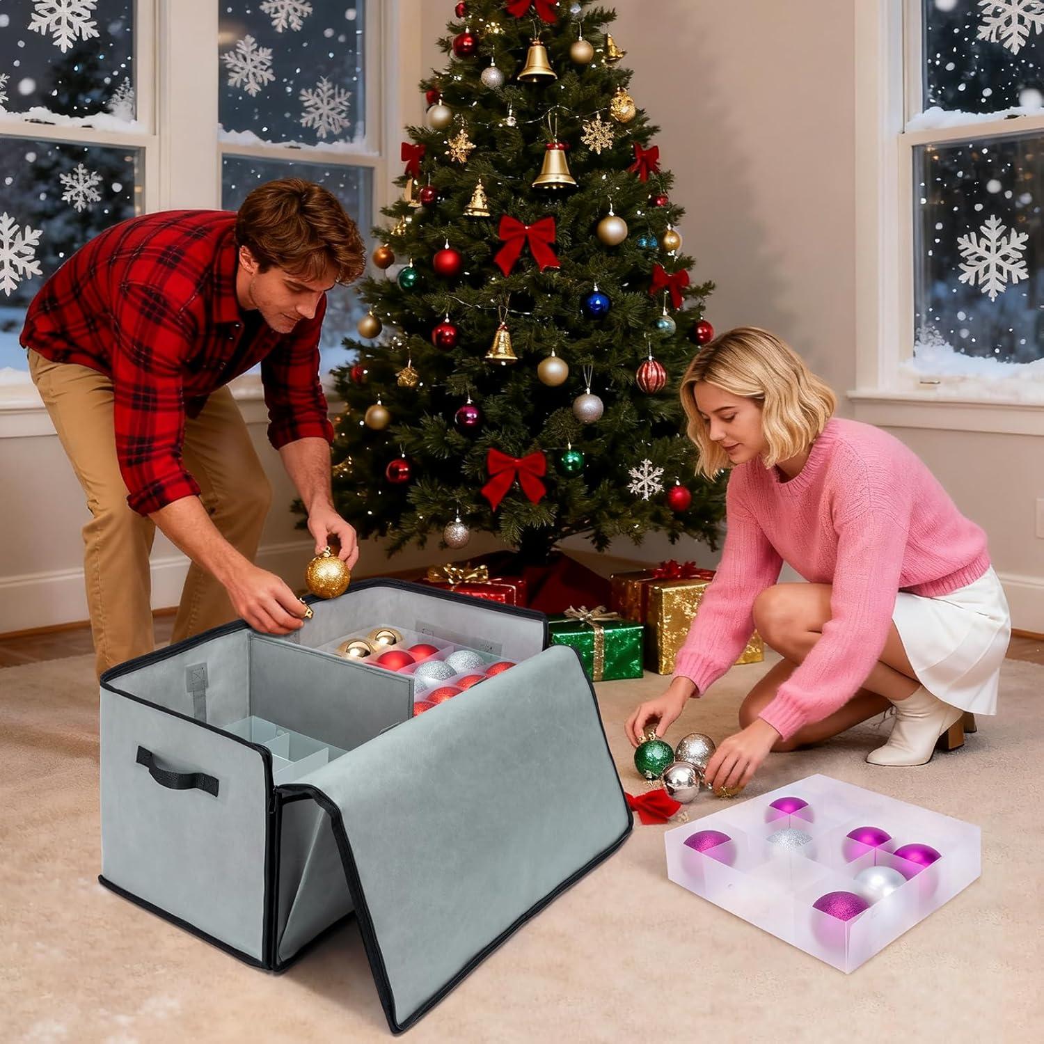 imageBALEINE Christmas Ornament Storage Box with Dividers Premium Holiday Ornaments Storage Container Bin for Xmas Decorations 128 Ball Grey HardGreen
