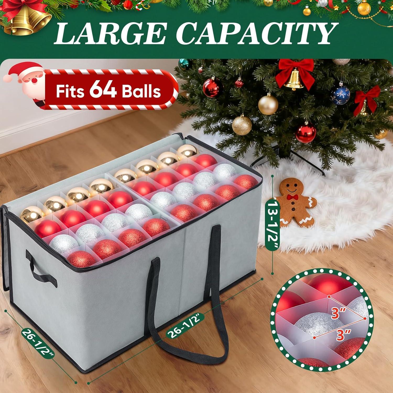 imageBALEINE Christmas Ornament Storage Box with Dividers Premium Holiday Ornaments Storage Container Bin for Xmas Decorations 128 Ball Grey HardGreen