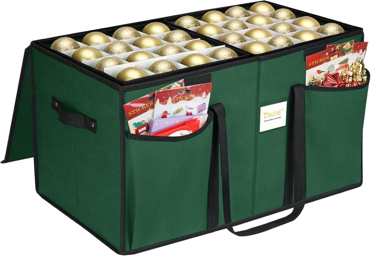 imageBALEINE Christmas Ornament Storage Box with Dividers Premium Holiday Ornaments Storage Container Bin for Xmas Decorations 128 Ball Grey HardGreen
