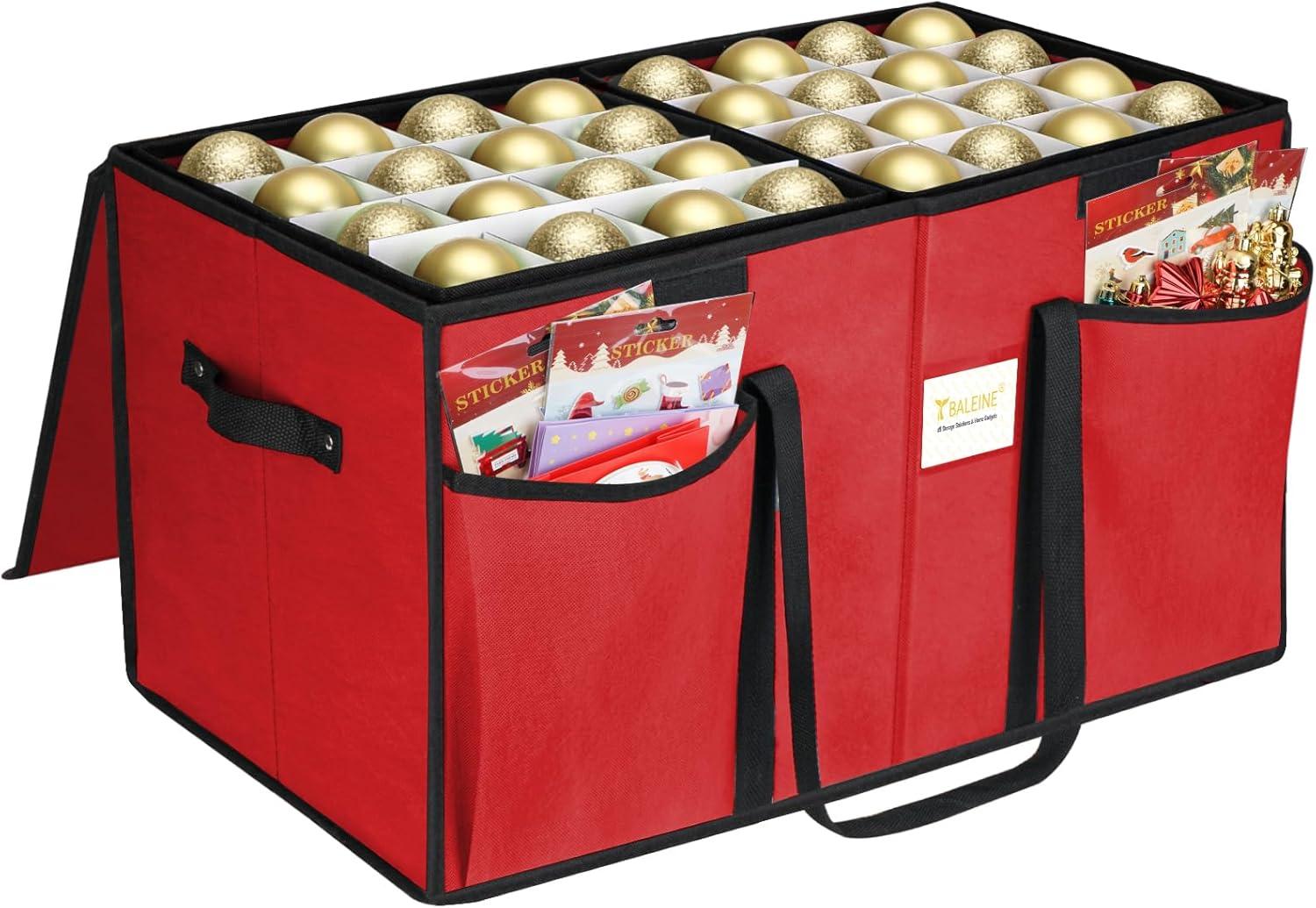 imageBALEINE Christmas Ornament Storage Box with Dividers Premium Holiday Ornaments Storage Container Bin for Xmas Decorations 128 Ball Grey HardRed