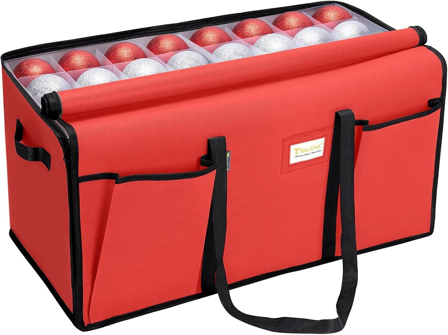 imageBALEINE Christmas Ornament Storage Box with Dividers Premium Holiday Ornaments Storage Container Bin for Xmas Decorations 128 Ball Grey HardRed