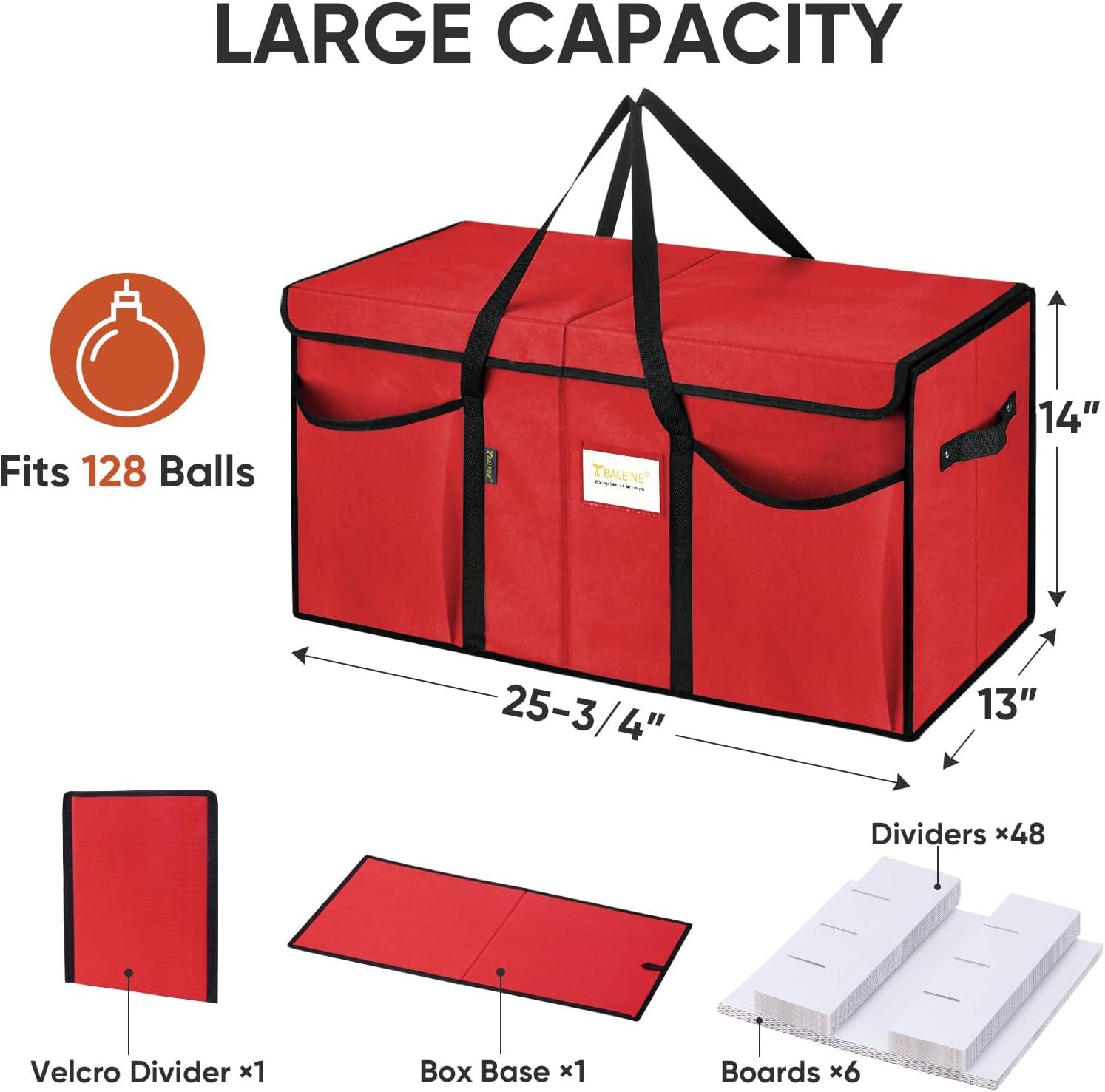 imageBALEINE Christmas Ornament Storage Box with Dividers Premium Holiday Ornaments Storage Container Bin for Xmas Decorations 128 Ball Grey HardRed