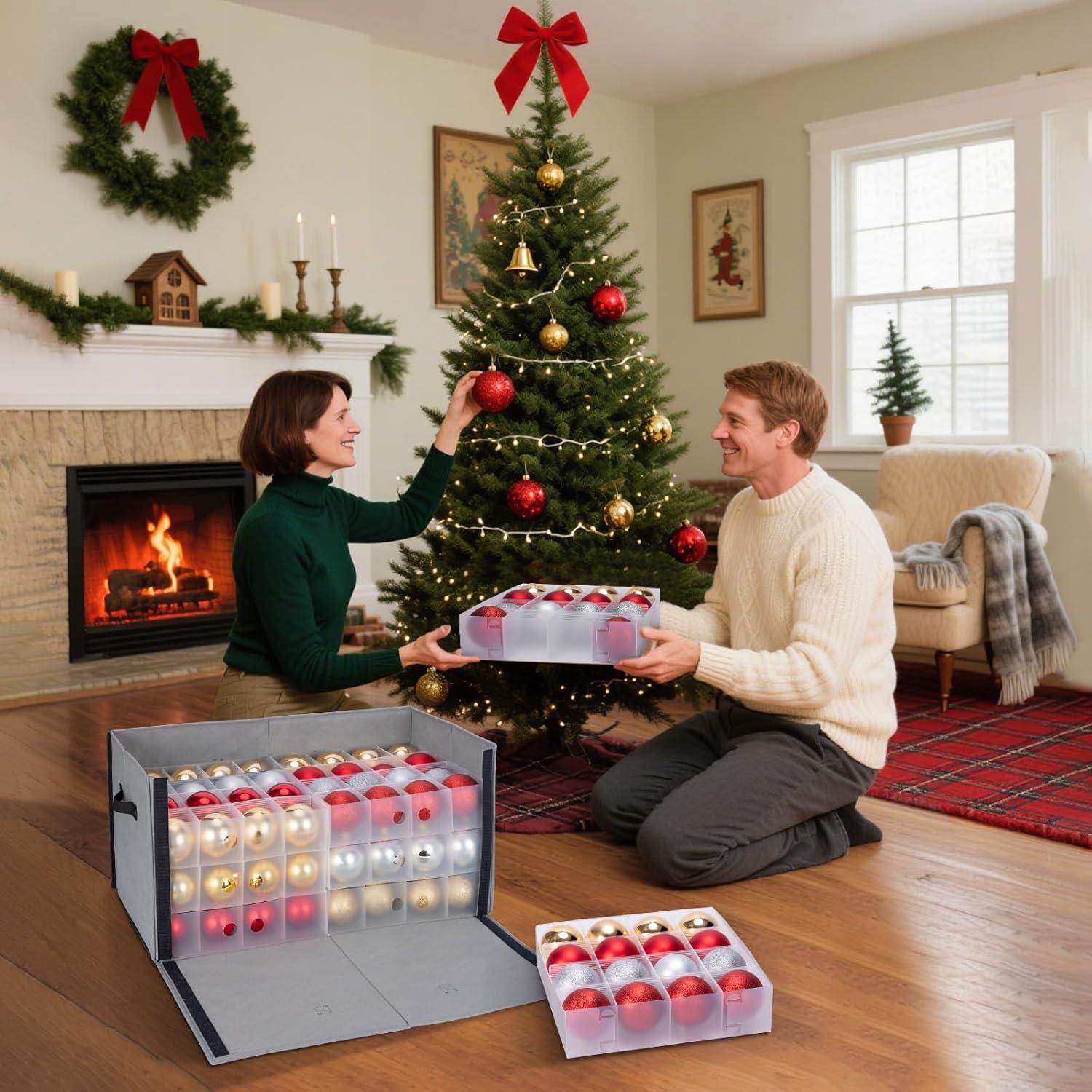imageBALEINE Christmas Ornament Storage Box with Dividers Premium Holiday Ornaments Storage Container Bin for Xmas Decorations 128 Ball Grey HardRed