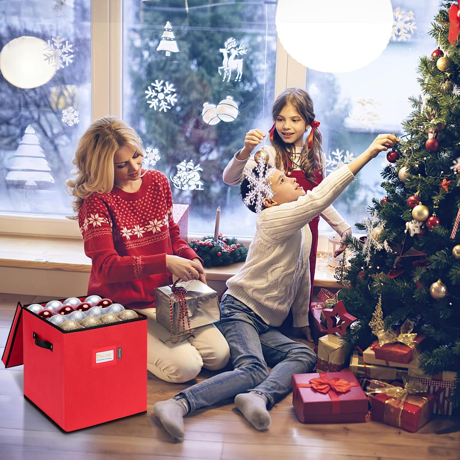 imageBALEINE Christmas Ornament Storage Box with Dividers Premium Holiday Ornaments Storage Container Bin for Xmas Decorations 128 Ball Grey HardRed