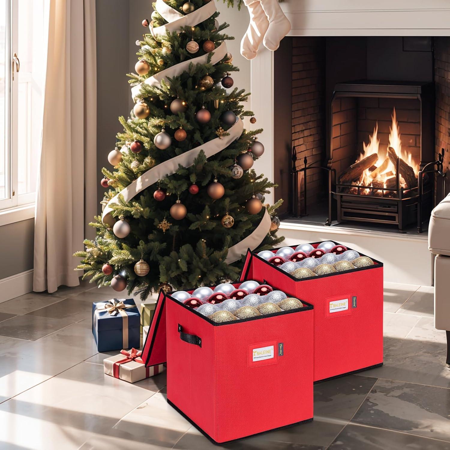 imageBALEINE Christmas Ornament Storage Box with Dividers Premium Holiday Ornaments Storage Container Bin for Xmas Decorations 128 Ball Grey HardRed