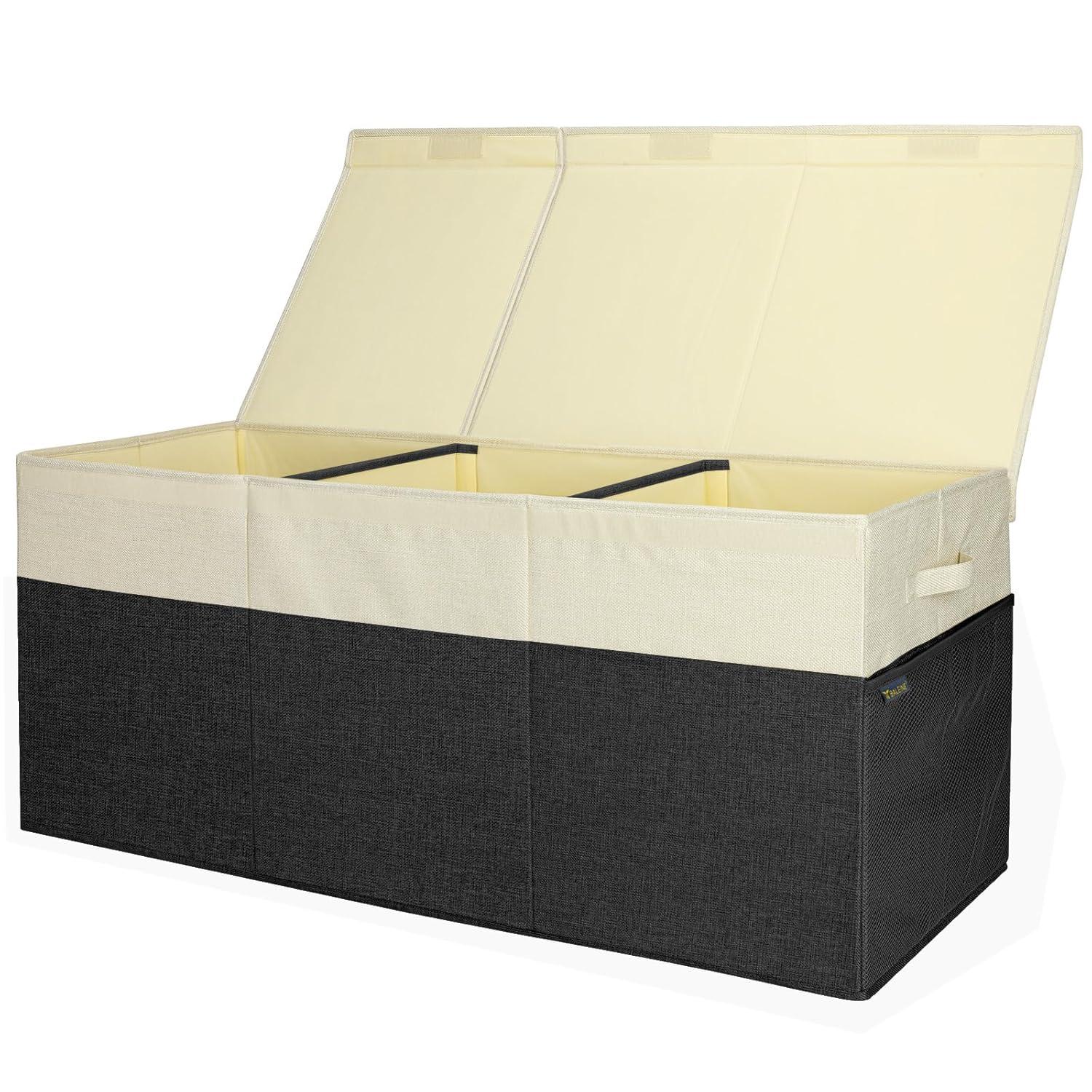 imageBALEINE Fabric Storage Bins with Lid Collapsible Extra Large Storage Boxes Bins Baskets with Divider for Home Organizing 375quotx13quotx16quot GreyBlackBeige