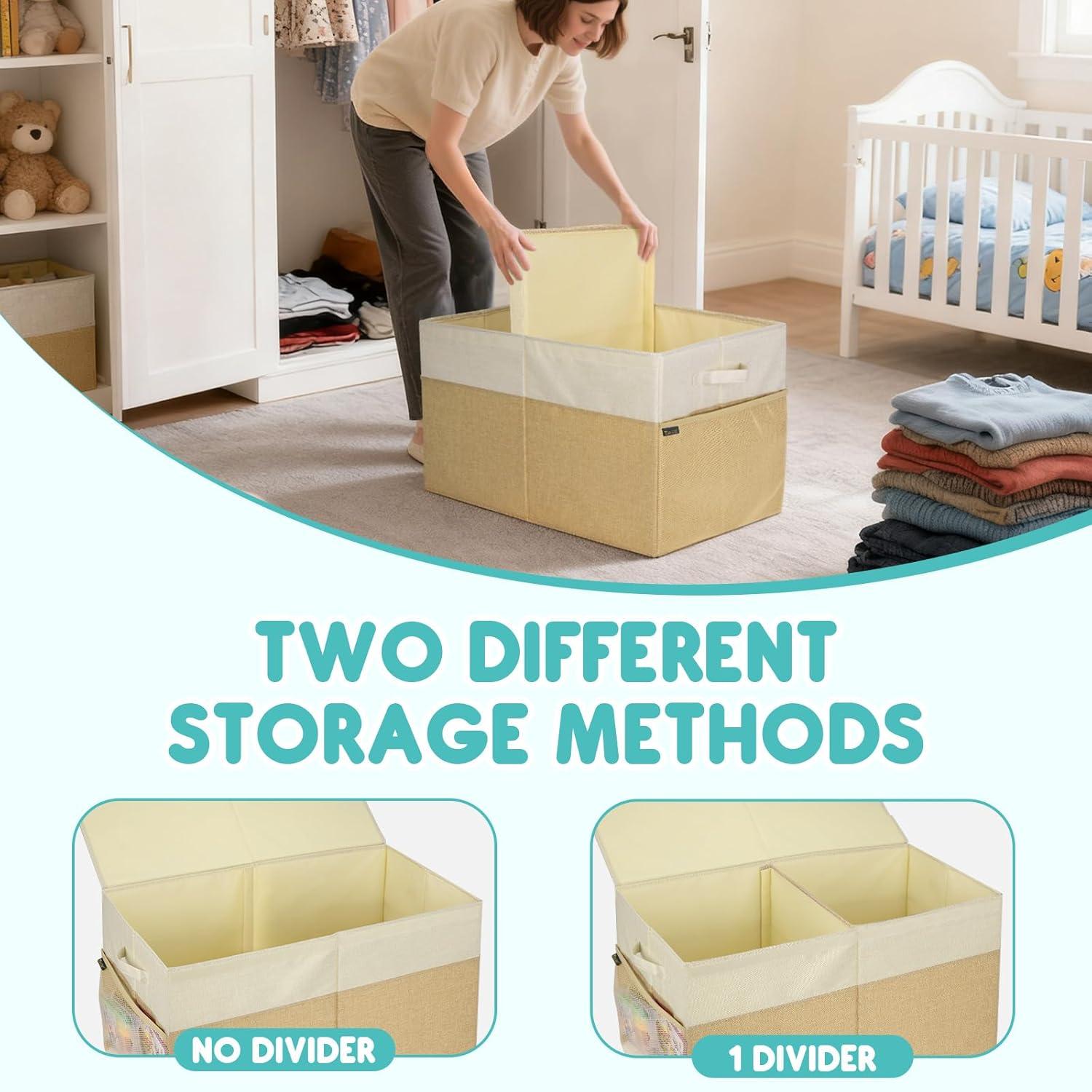 imageBALEINE Fabric Storage Bins with Lid Collapsible Extra Large Storage Boxes Bins Baskets with Divider for Home Organizing 375quotx13quotx16quot GreyBlackBeige