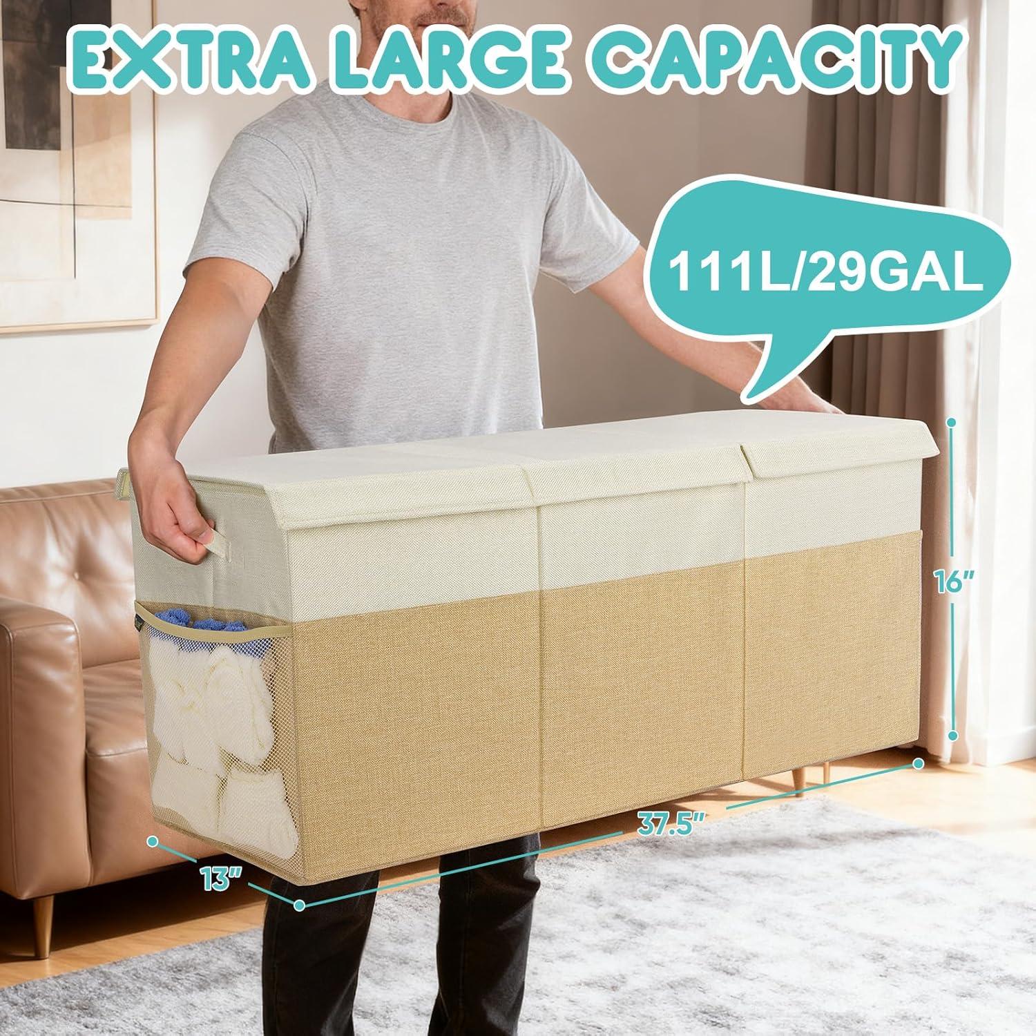 imageBALEINE Fabric Storage Bins with Lid Collapsible Extra Large Storage Boxes Bins Baskets with Divider for Home Organizing 375quotx13quotx16quot GreyGreyBeige
