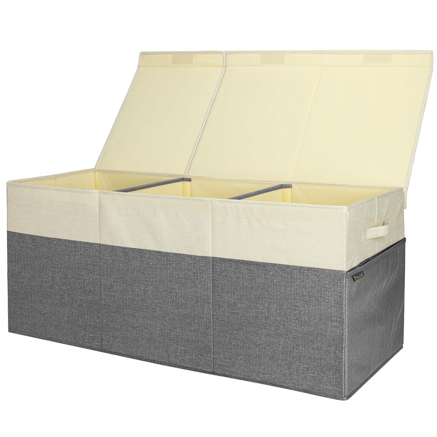 imageBALEINE Fabric Storage Bins with Lid Collapsible Extra Large Storage Boxes Bins Baskets with Divider for Home Organizing 375quotx13quotx16quot GreyGreyBeige