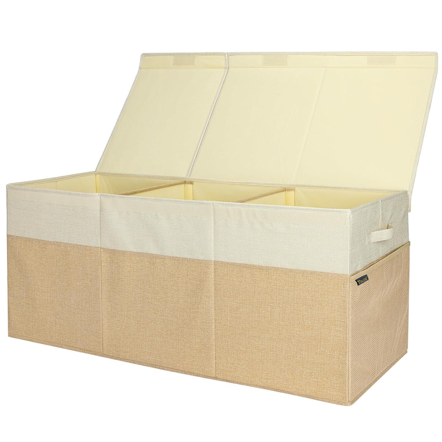 imageBALEINE Fabric Storage Bins with Lid Collapsible Extra Large Storage Boxes Bins Baskets with Divider for Home Organizing 375quotx13quotx16quot GreyKhakiBeige