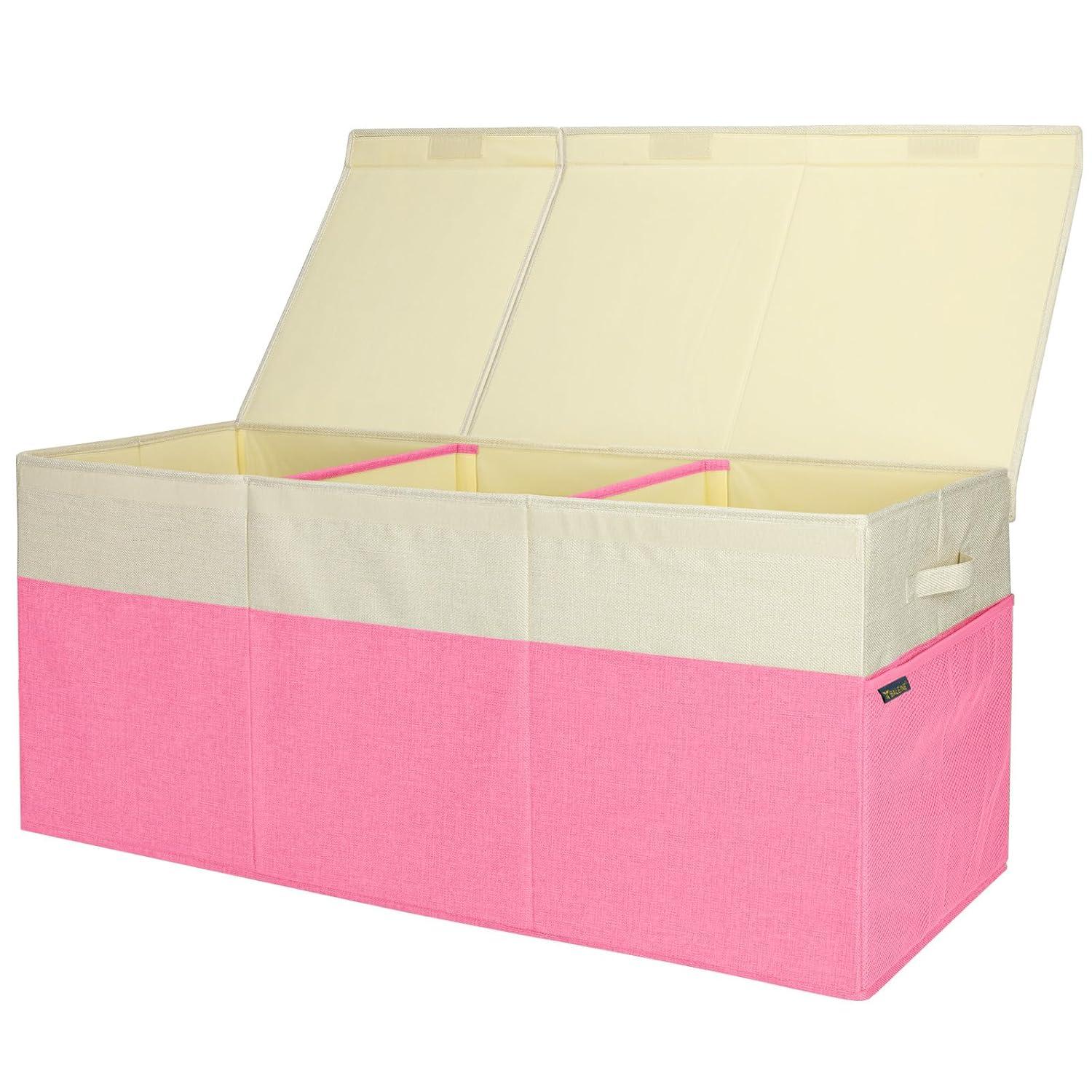 imageBALEINE Fabric Storage Bins with Lid Collapsible Extra Large Storage Boxes Bins Baskets with Divider for Home Organizing 375quotx13quotx16quot GreyPinkBeige