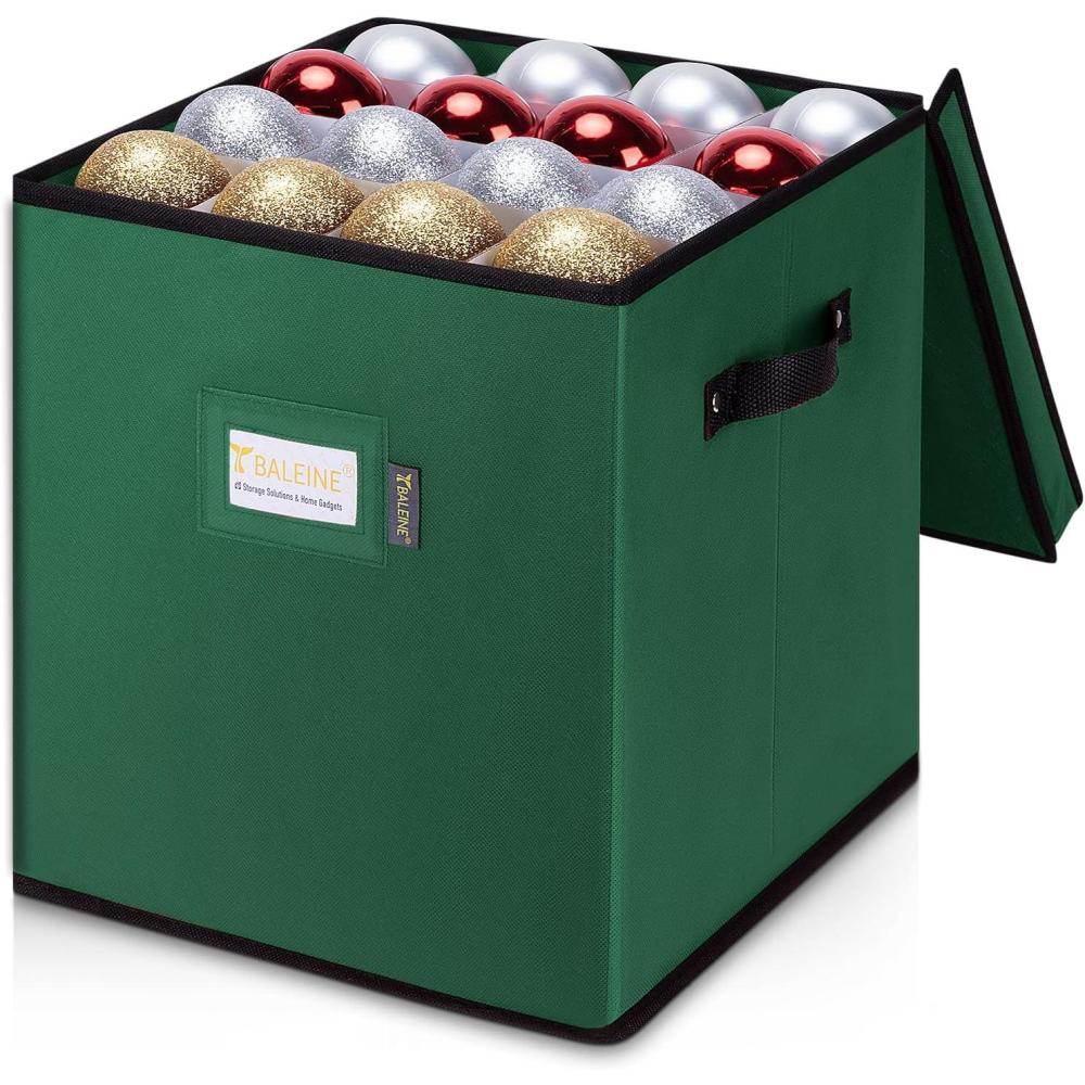 imageBALEINE Christmas Ornament Storage Box with Dividers Premium Holiday Ornaments Storage Container Bin for Xmas Decorations 128 Ball Grey HardGreen