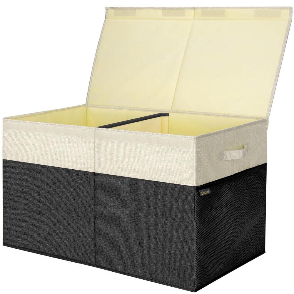 imageBALEINE Fabric Storage Bins with Lid Collapsible Extra Large Storage Boxes Bins Baskets with Divider for Home Organizing 375quotx13quotx16quot GreyBlackBeige