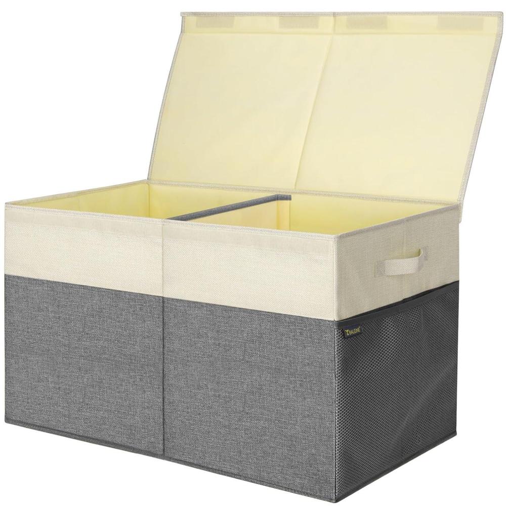 imageBALEINE Fabric Storage Bins with Lid Collapsible Extra Large Storage Boxes Bins Baskets with Divider for Home Organizing 375quotx13quotx16quot GreyGreyBeige