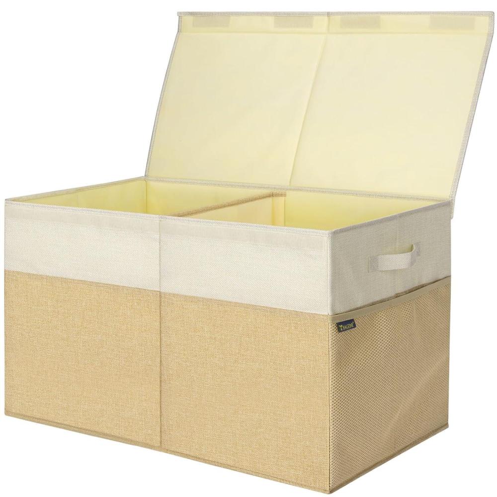 imageBALEINE Fabric Storage Bins with Lid Collapsible Extra Large Storage Boxes Bins Baskets with Divider for Home Organizing 375quotx13quotx16quot GreyKhakiBeige