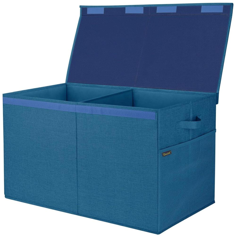 imageBALEINE Fabric Storage Bins with Lid Collapsible Extra Large Storage Boxes Bins Baskets with Divider for Home Organizing 375quotx13quotx16quot GreyNavy Blue