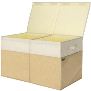 BALEINE Fabric Storage Bins with Lid, Collapsible Extra Large Storage Boxes Bins Baskets with Divider for Home Organizing (37.5″x13″x16″, Grey)(Khaki&Beige)