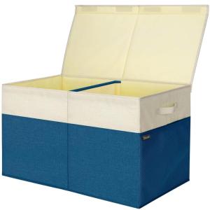 BALEINE Fabric Storage Bins with Lid, Collapsible Extra Large Storage Boxes Bins Baskets with Divider for Home Organizing (37.5″x13″x16″, Grey)(Navy Blue&Beige)