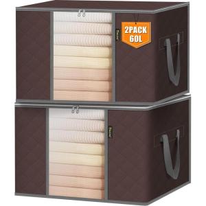 BALEINE 2 Pack Clothes Storage Bags, 16 Gallon Storage Containers with Reinforced Handle, Sturdy Zipper, Closet Organizer for Blanket, Comforter, Pillow, Bedding (Grey, 2 Pack)(Brown)