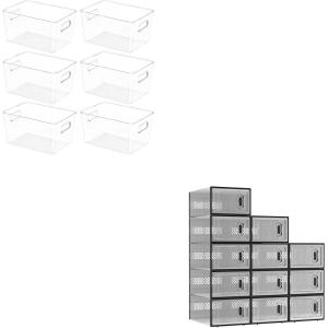 BALEINE Clear Plastic Storage Bins(6PK,10.5×6×5) + 12 Pack Stackable Shoe Storage Boxes(Large)