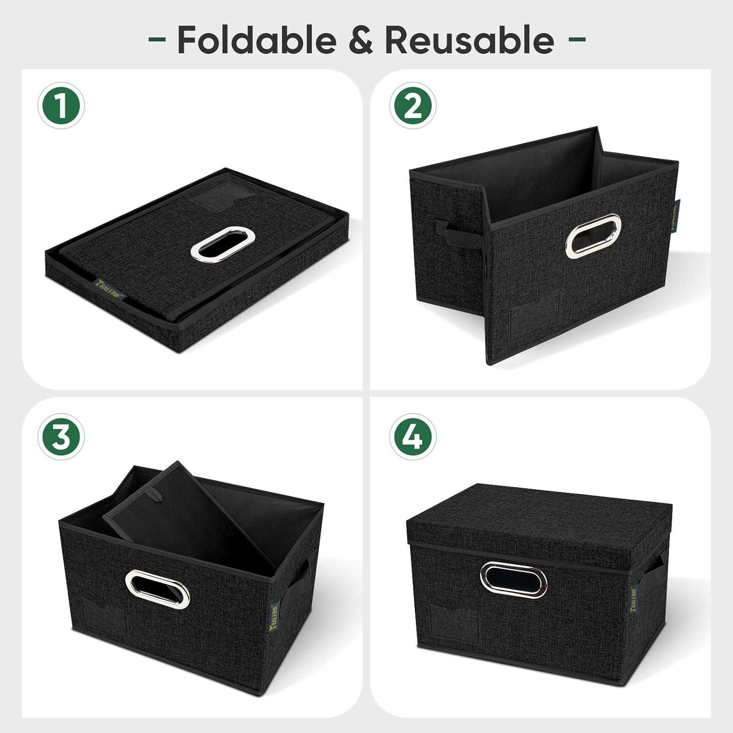 imageBALEINE Storage Bins with Lids Foldable Linen Fabric Storage Boxes with Lids Collapsible Closet Organizer Containers with Cover for Home Bedroom Office 3 Pack Black MediumBlack