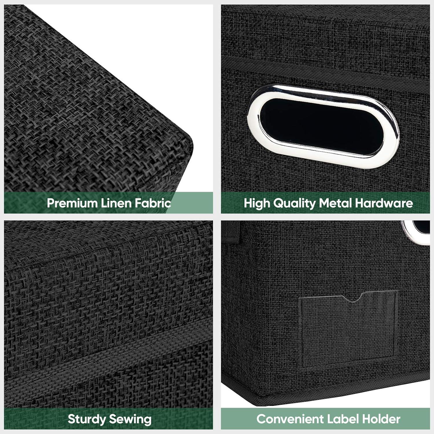 imageBALEINE Storage Bins with Lids Foldable Linen Fabric Storage Boxes with Lids Collapsible Closet Organizer Containers with Cover for Home Bedroom Office 3 Pack Black MediumBlack