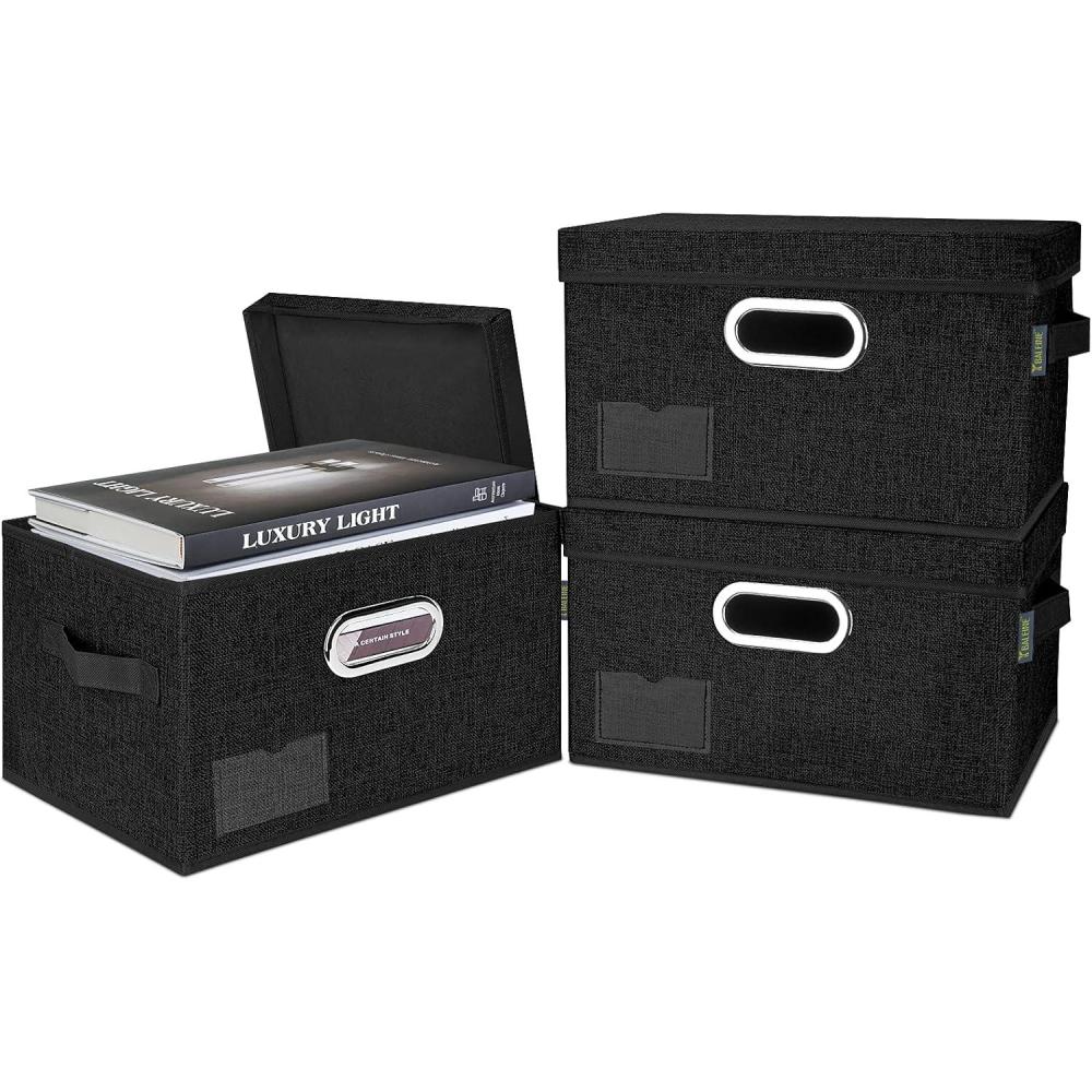 imageBALEINE Storage Bins with Lids Foldable Linen Fabric Storage Boxes with Lids Collapsible Closet Organizer Containers with Cover for Home Bedroom Office 3 Pack Black MediumBlack