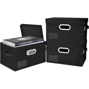 BALEINE Storage Bins with Lids, Foldable Linen Fabric Storage Boxes with Lids, Collapsible Closet Organizer Containers with Cover for Home Bedroom Office (3 Pack Black Medium)(Black)