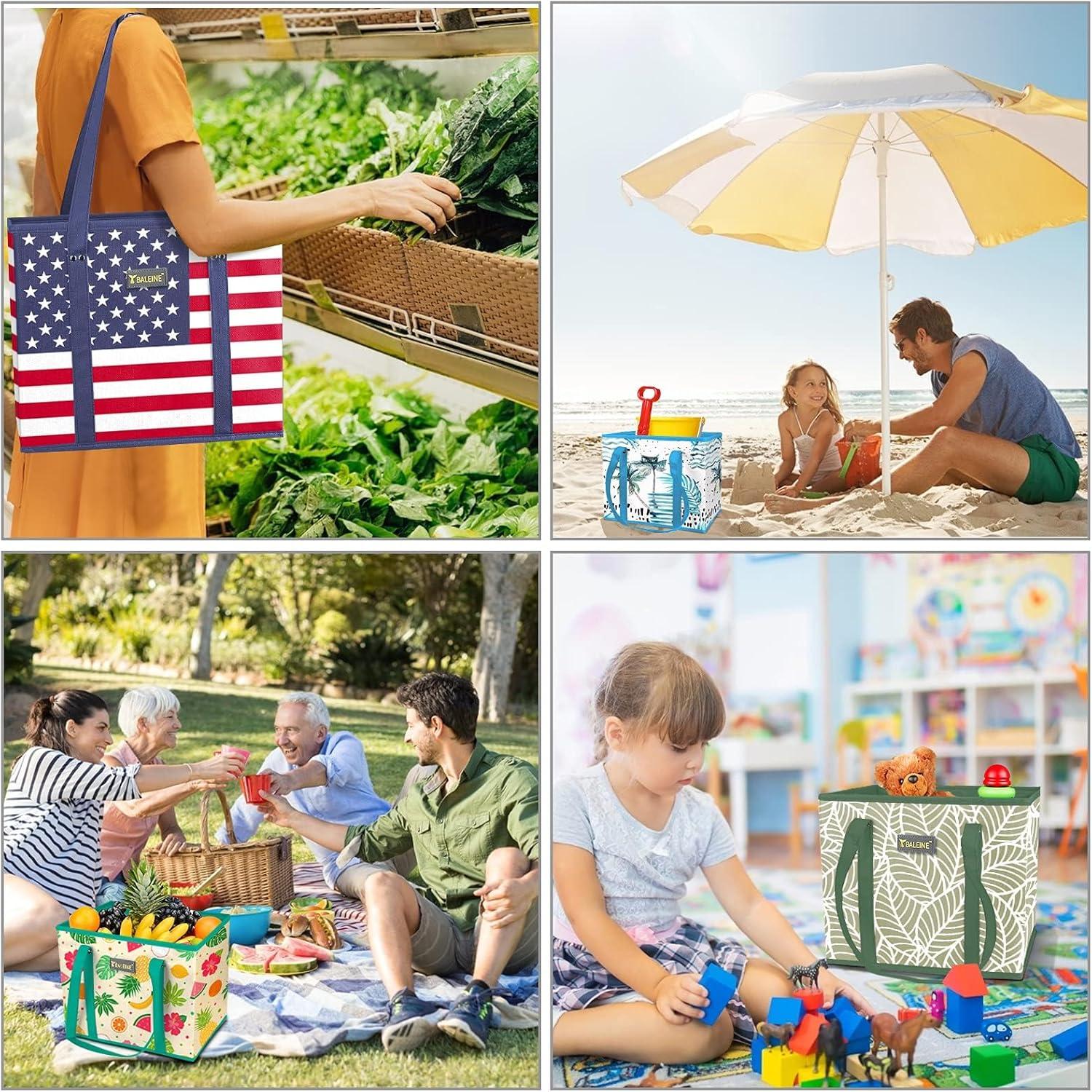 image:imageBALEINE 3Pk Reusable Grocery Bags Foldable Shopping Bags for Groceries with Reinforced Bottom amp Handles GreenAntique Foliage