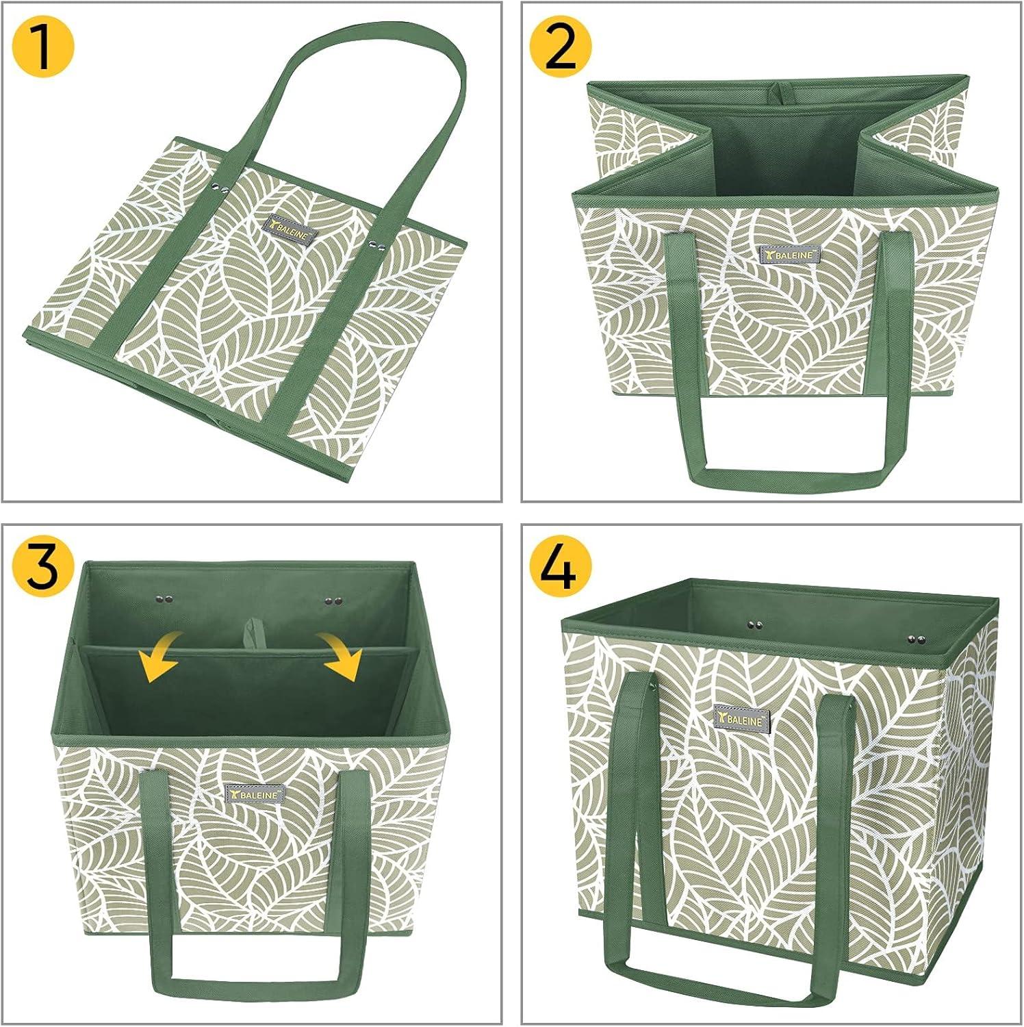 image:imageBALEINE 3Pk Reusable Grocery Bags Foldable Shopping Bags for Groceries with Reinforced Bottom amp Handles GreenAntique Foliage