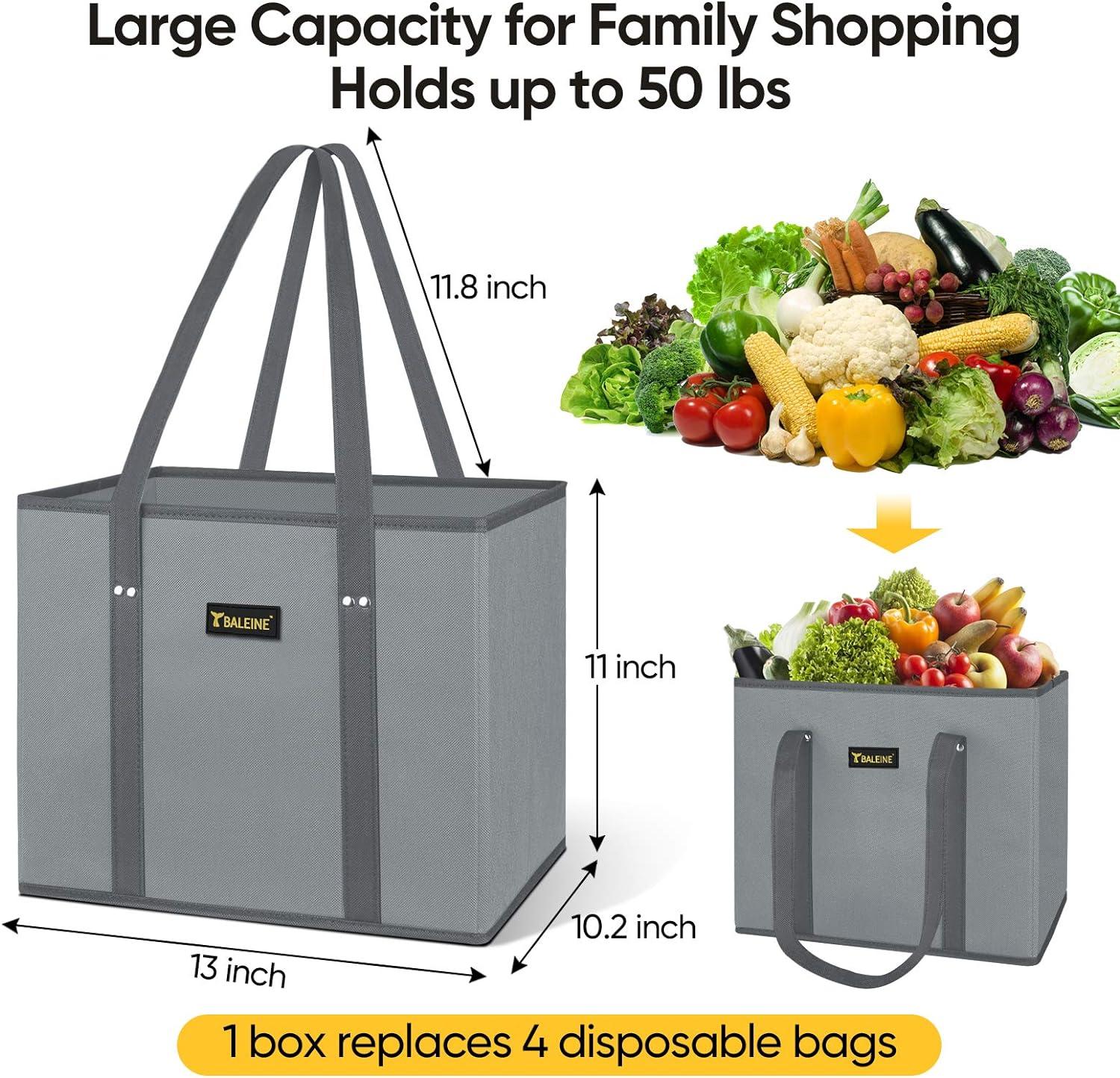 image:imageBALEINE 3Pk Reusable Grocery Bags Foldable Shopping Bags for Groceries with Reinforced Bottom amp Handles GreenColor Stripe