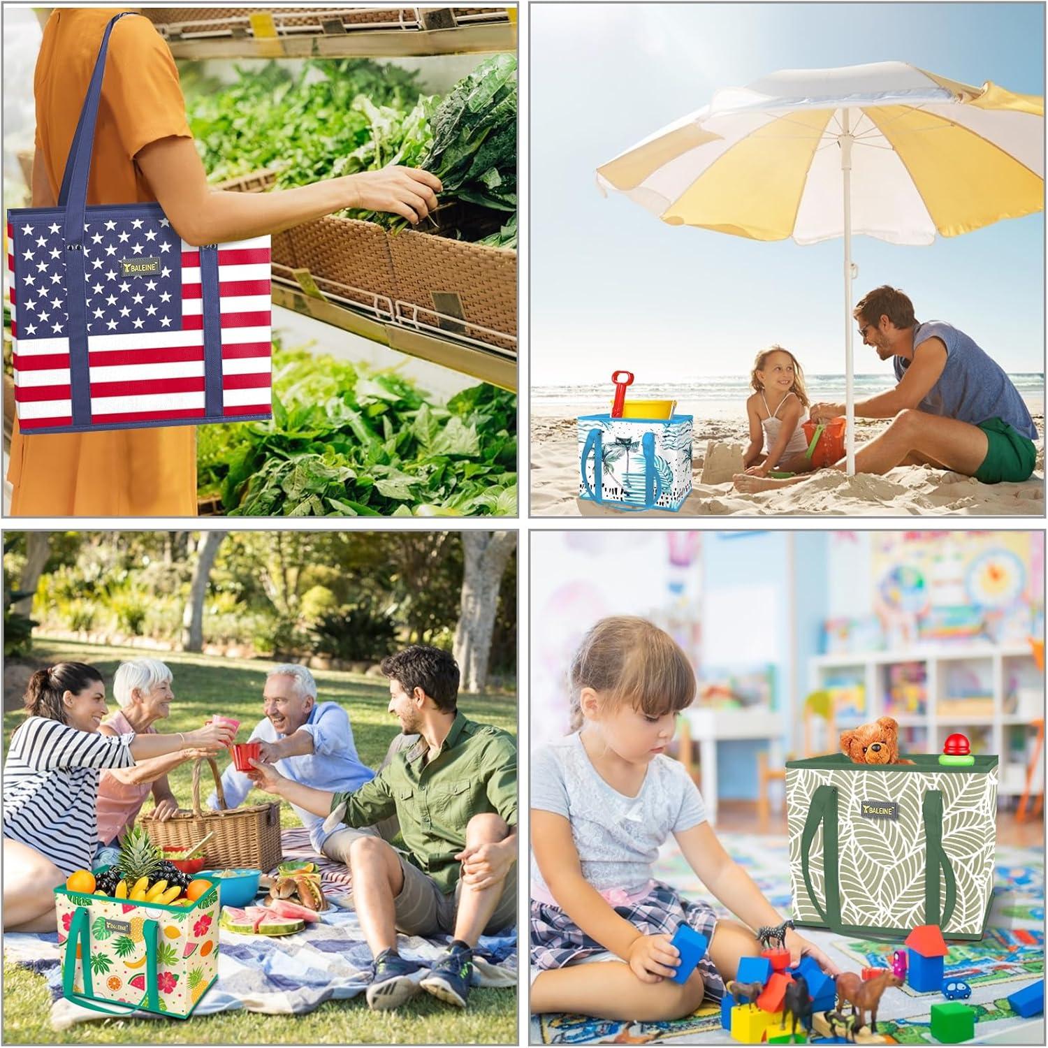 image:imageBALEINE 3Pk Reusable Grocery Bags Foldable Shopping Bags for Groceries with Reinforced Bottom amp Handles GreenColor Stripe