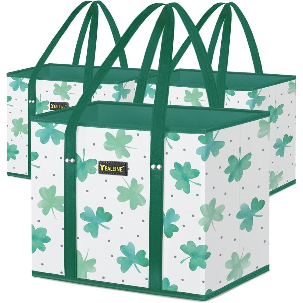 image:imageBALEINE 3Pk Reusable Grocery Bags Foldable Shopping Bags for Groceries with Reinforced Bottom amp Handles GreenClover