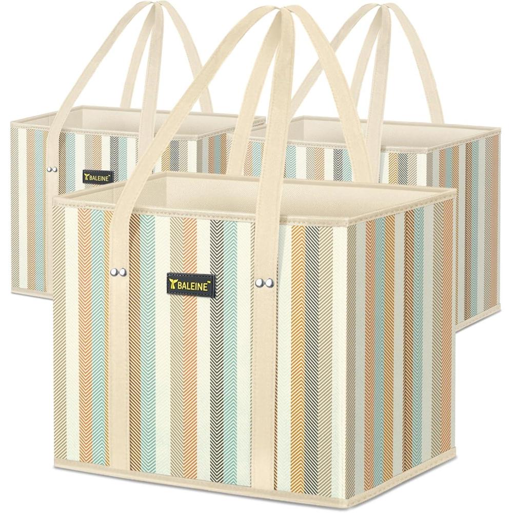 image:imageBALEINE 3Pk Reusable Grocery Bags Foldable Shopping Bags for Groceries with Reinforced Bottom amp Handles GreenColor Stripe