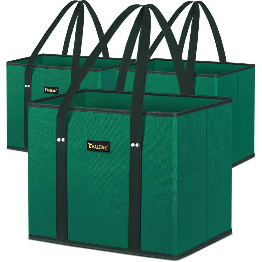 image:imageBALEINE 3Pk Reusable Grocery Bags Foldable Shopping Bags for Groceries with Reinforced Bottom amp Handles GreenGreen