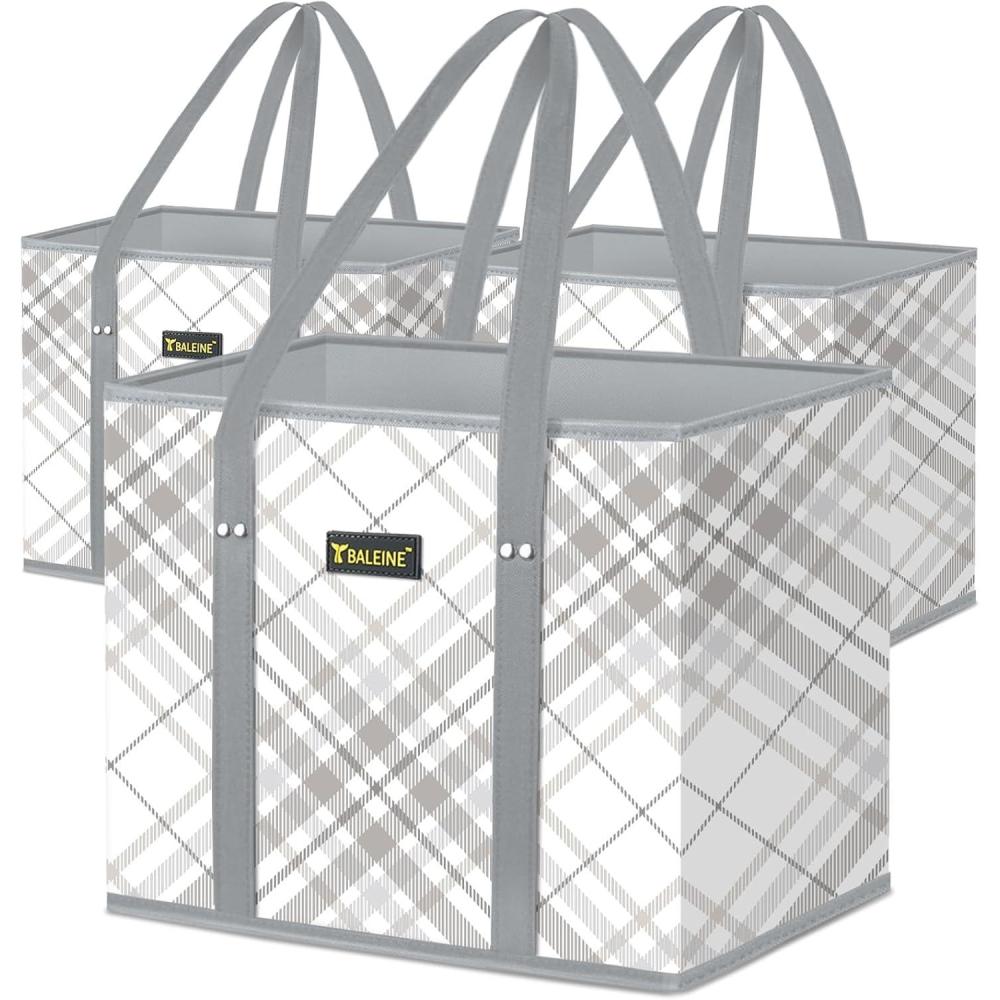 image:imageBALEINE 3Pk Reusable Grocery Bags Foldable Shopping Bags for Groceries with Reinforced Bottom amp Handles GreenPlaid Check