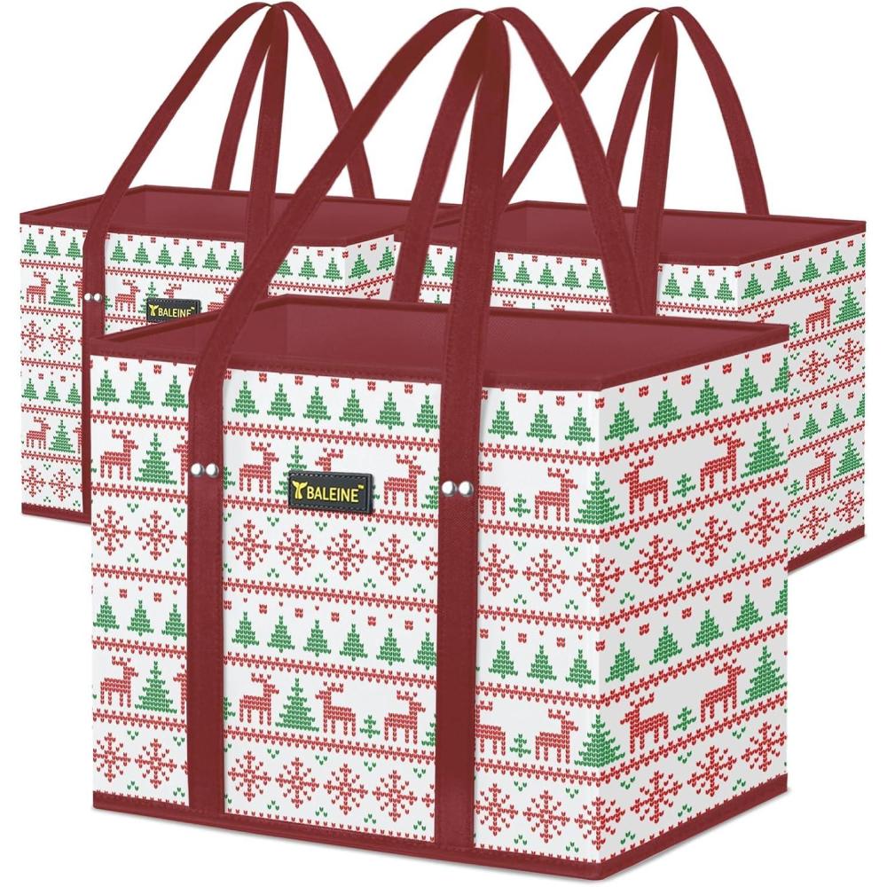 image:imageBALEINE 3Pk Reusable Grocery Bags Foldable Shopping Bags for Groceries with Reinforced Bottom amp Handles GreenReindeers
