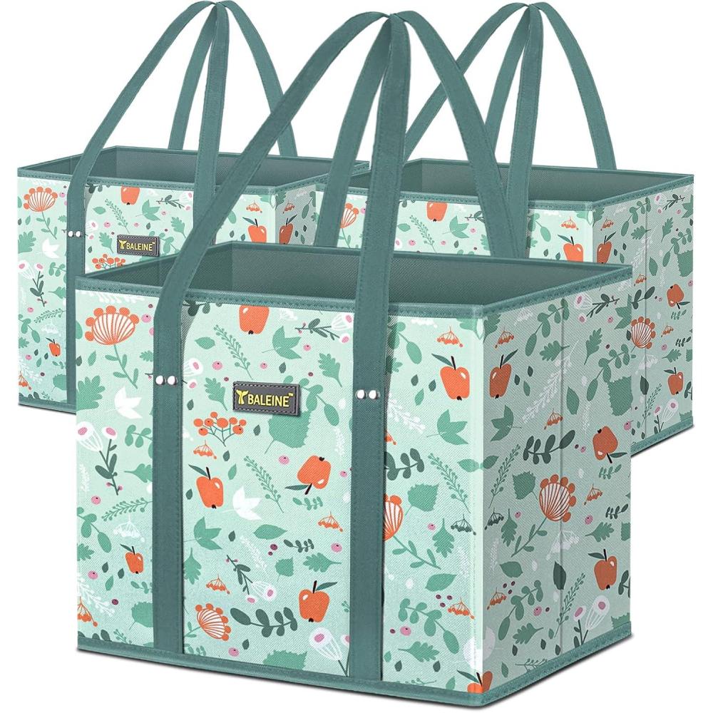 image:imageBALEINE 3Pk Reusable Grocery Bags Foldable Shopping Bags for Groceries with Reinforced Bottom amp Handles GreenSpring Stroll