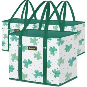 BALEINE 3Pk Reusable Grocery Bags, Foldable Shopping Bags for Groceries with Reinforced Bottom & Handles (Green)(Clover)
