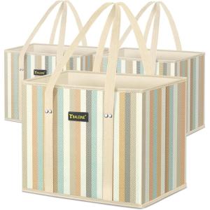 BALEINE 3Pk Reusable Grocery Bags, Foldable Shopping Bags for Groceries with Reinforced Bottom & Handles (Green)(Color Stripe)