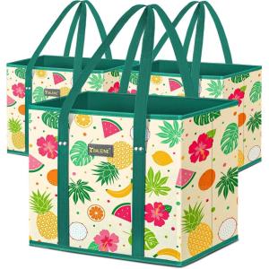 BALEINE 3Pk Reusable Grocery Bags, Foldable Shopping Bags for Groceries with Reinforced Bottom & Handles (Green)(Hawaiian Brunch)