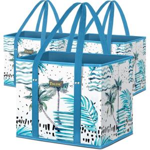 BALEINE 3Pk Reusable Grocery Bags, Foldable Shopping Bags for Groceries with Reinforced Bottom & Handles (Green)(Island Breeze)
