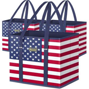 BALEINE 3Pk Reusable Grocery Bags, Foldable Shopping Bags for Groceries with Reinforced Bottom & Handles (Green)(Patriot Celebration)
