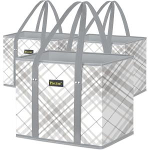 BALEINE 3Pk Reusable Grocery Bags, Foldable Shopping Bags for Groceries with Reinforced Bottom & Handles (Green)(Plaid Check)
