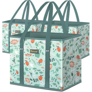 BALEINE 3Pk Reusable Grocery Bags, Foldable Shopping Bags for Groceries with Reinforced Bottom & Handles (Green)(Spring Stroll)